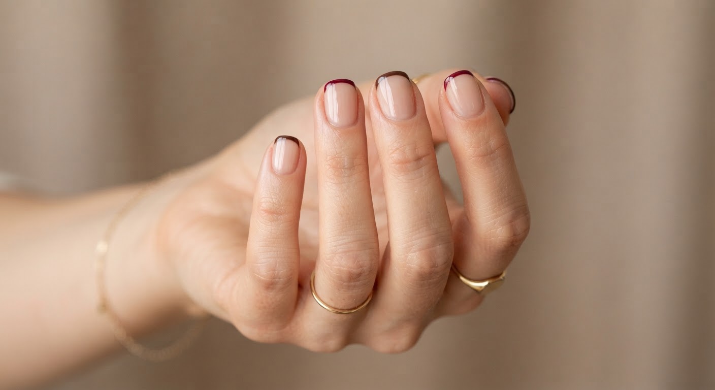 Short nails with thin burgundy and brown micro-French tips