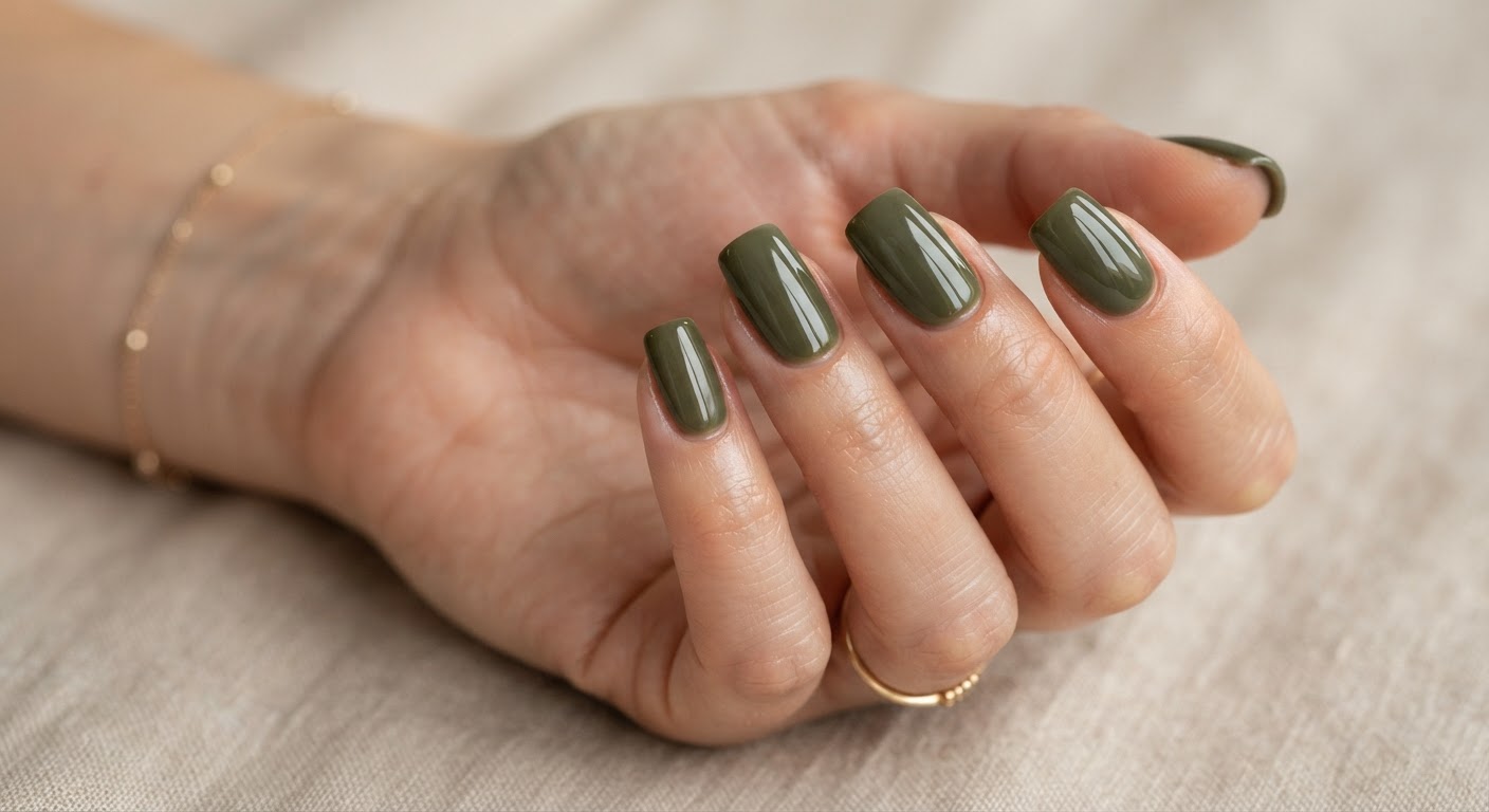 Five glossy smoky olive green squoval nails