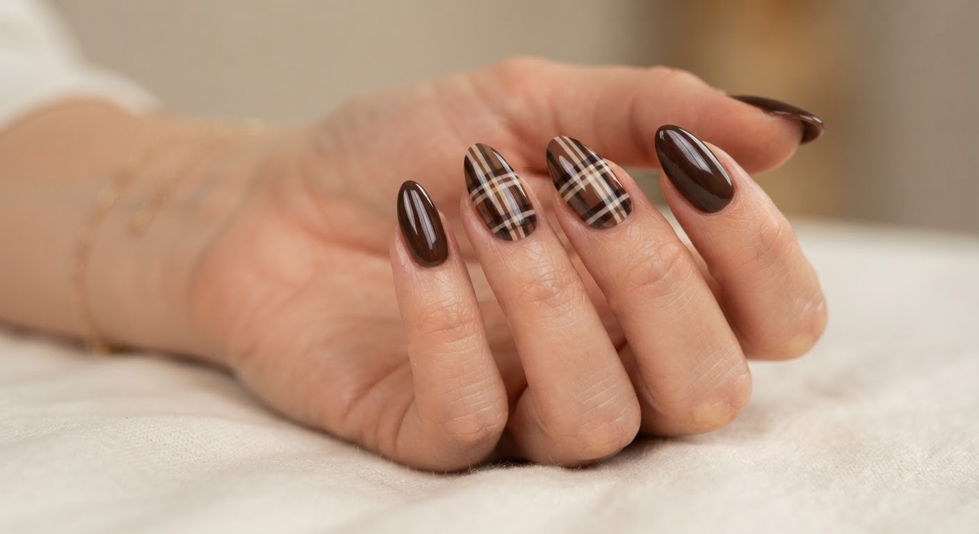 Chocolate and tan plaid accent nails paired with a glossy brown set