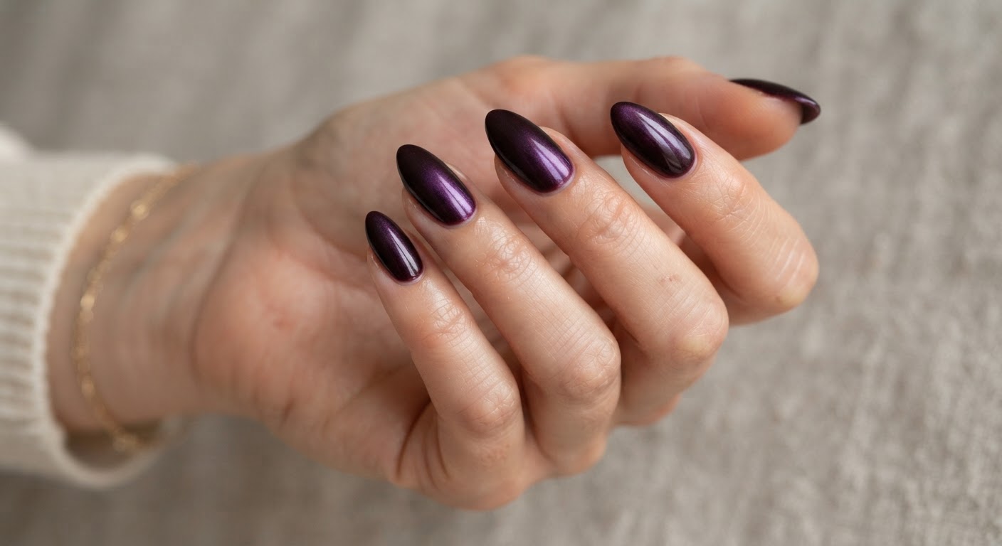 Five dark fig and blackberry-plum nails with a purple sheen