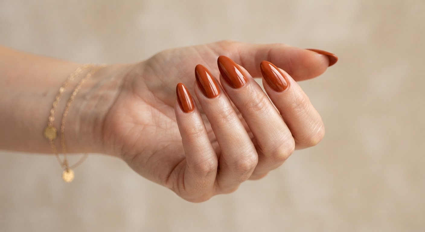 Five glossy burnt rust terracotta nails