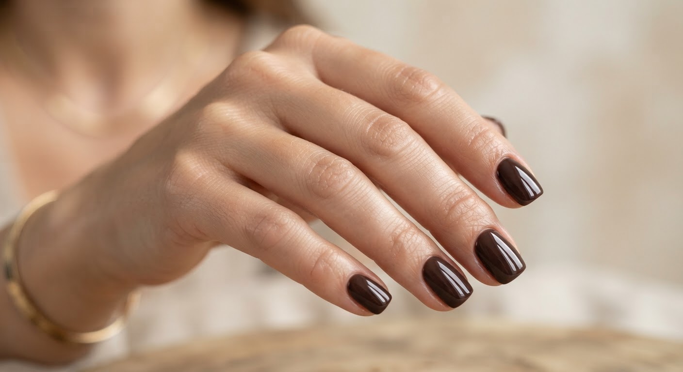 Short squoval fall nails with an ultra-glossy deep-brown finish