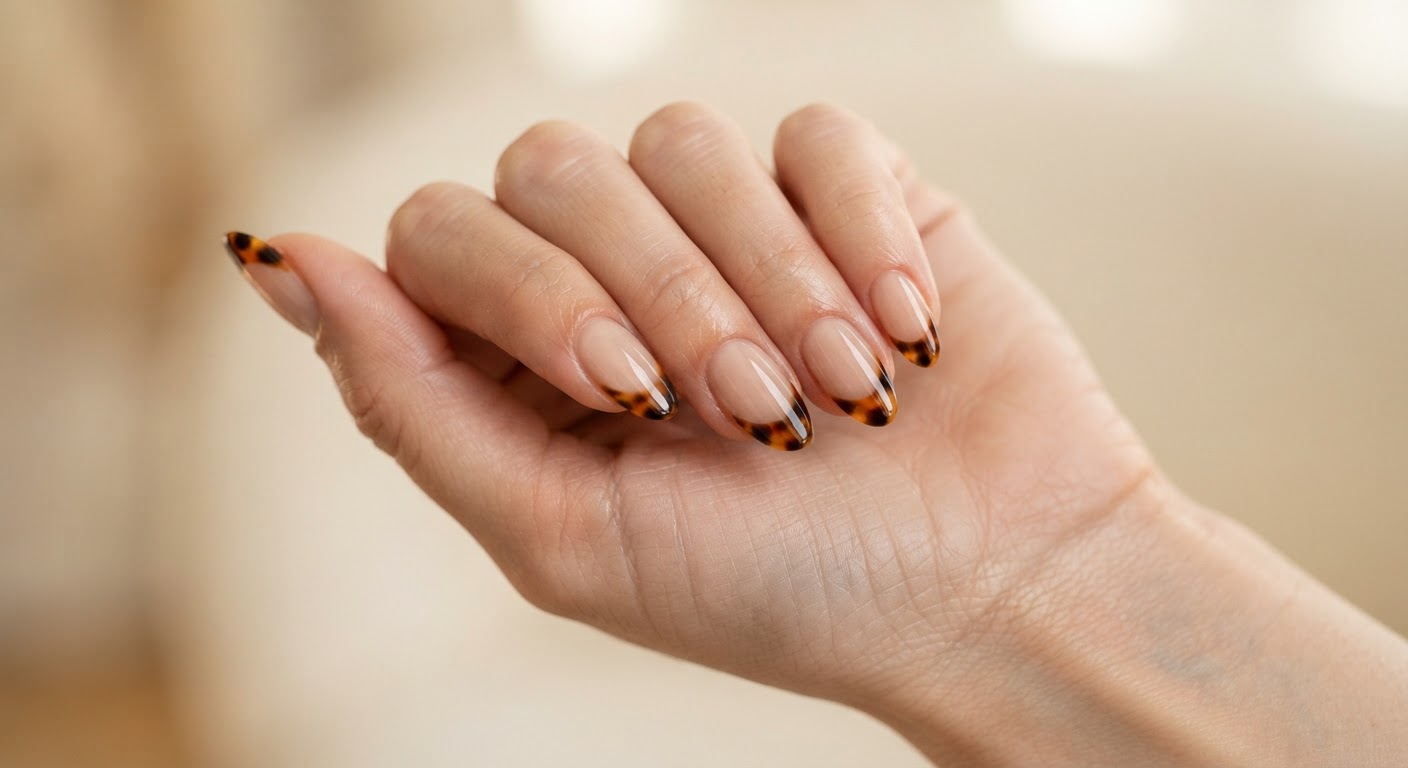 Tortoiseshell French tips with amber and dark-brown layers over a sheer base