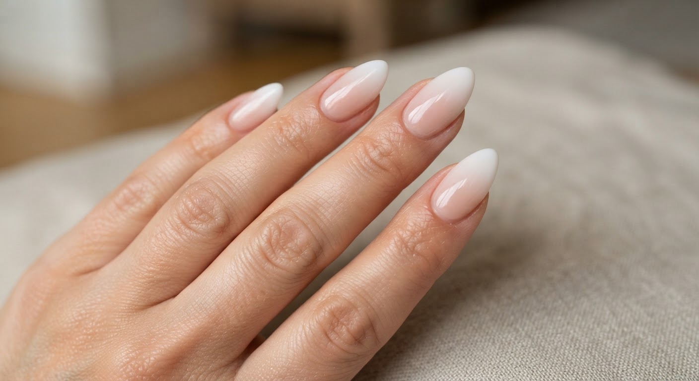 Baby boomer French ombre with soft white fading tips on a nude gradient