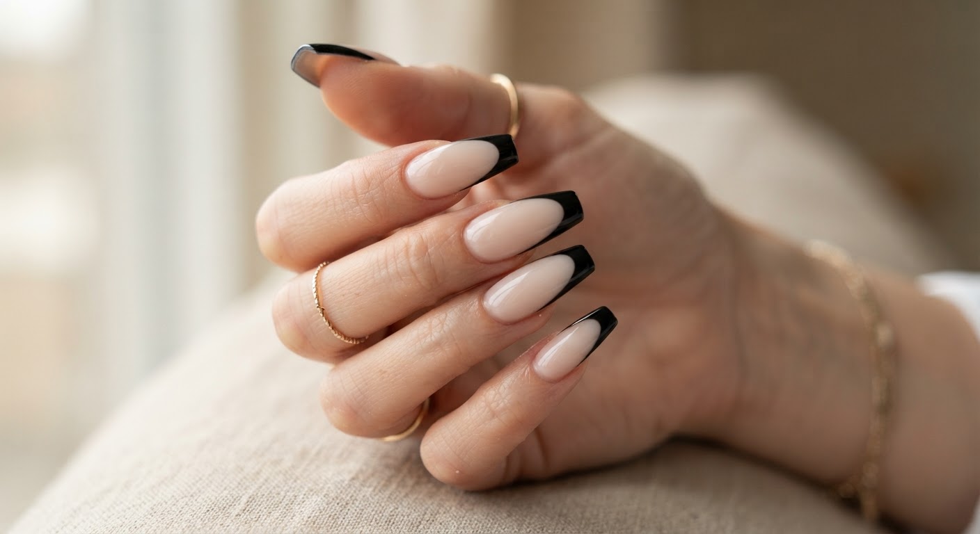 Black French tips on a milky nude base on coffin nails