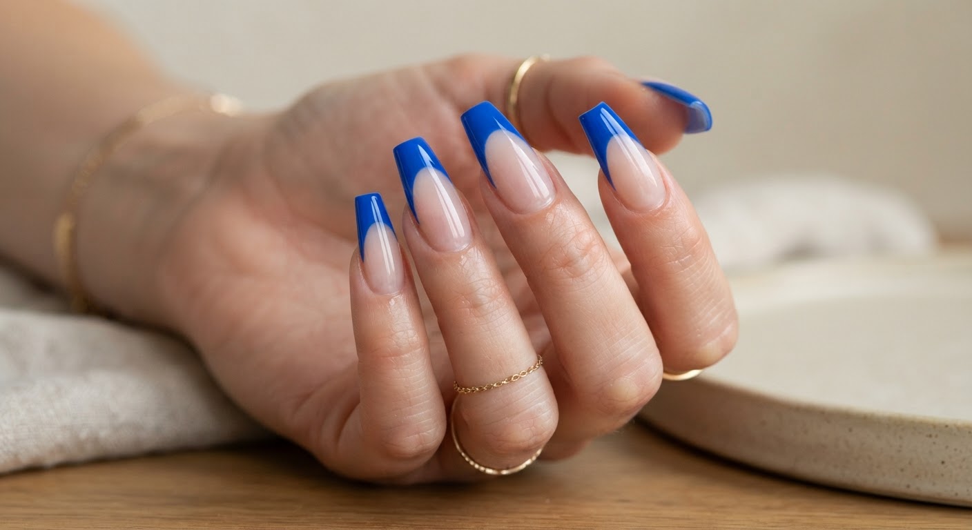 Blue French tips on a clear jelly base on coffin nails