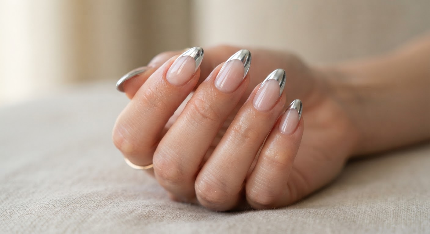 Silver chrome French tips on a clear glass base