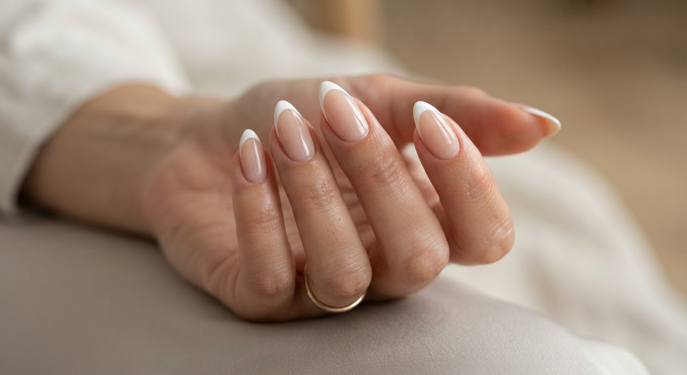 Classic French manicure with thin white tips on a sheer nude base