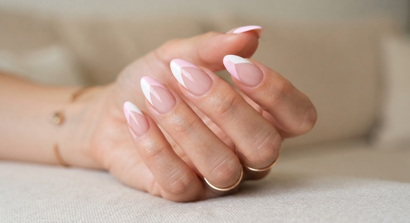 Color block French tips in two-tone pastel pink and white on almond nails