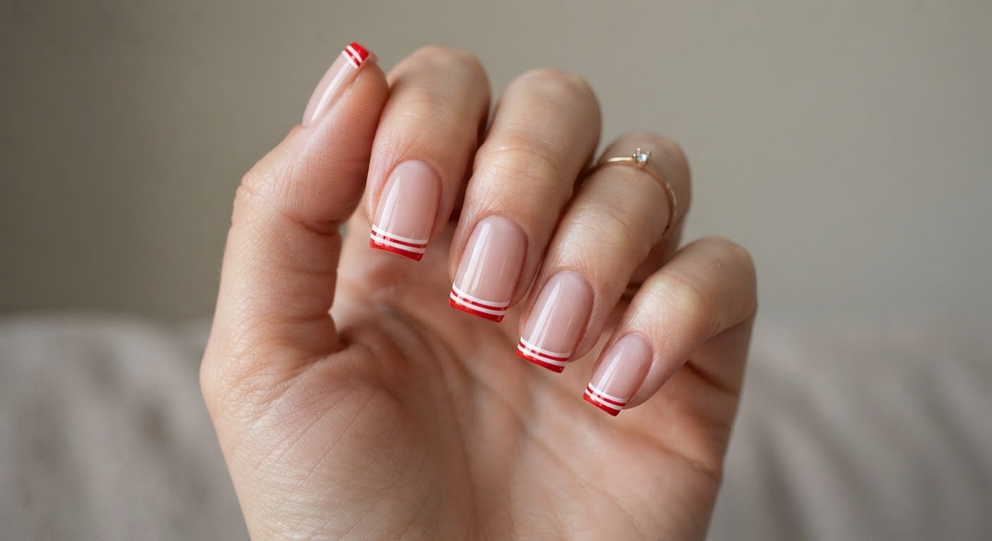 Double line French tips with two parallel thin lines in red and white