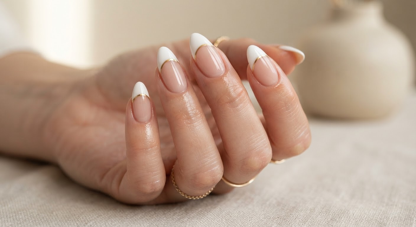 Elegant French tip with a thin gold metallic line separating the base and white tip
