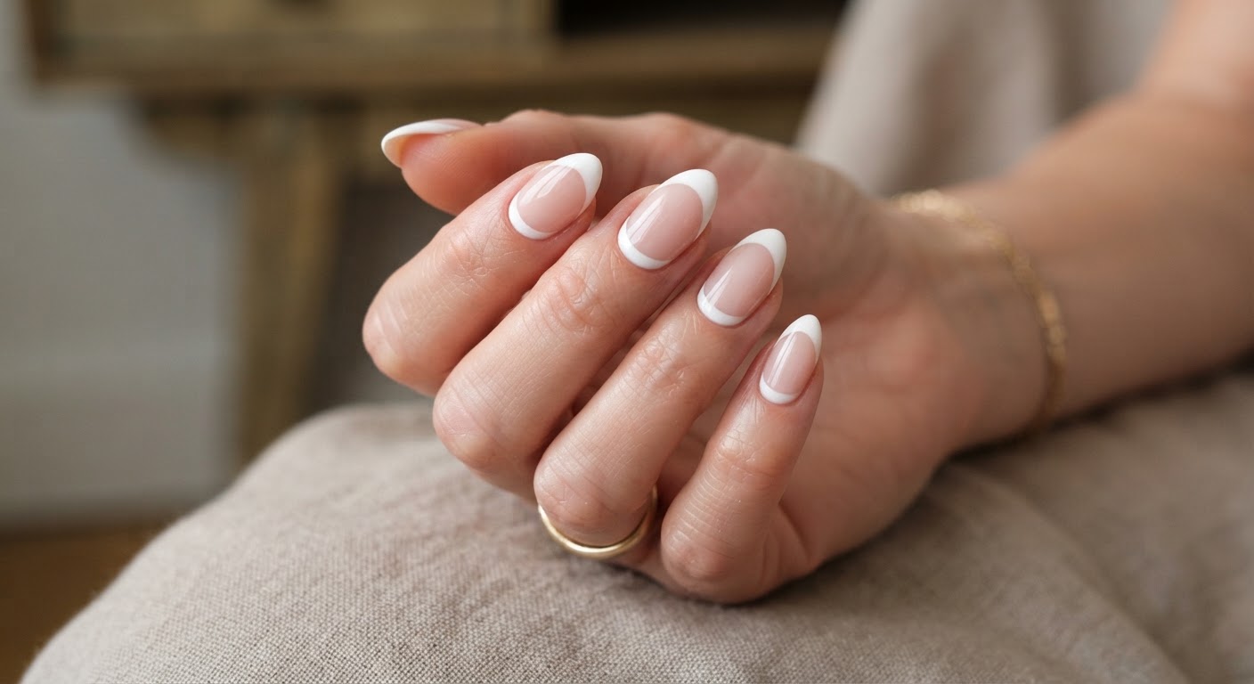 Half-moon French tip with a white smile line at the cuticle