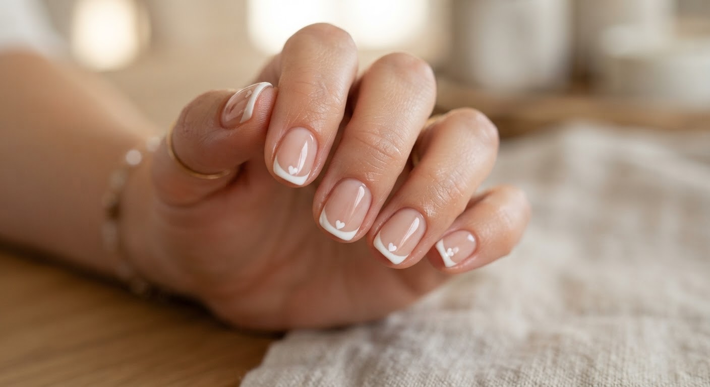 Short round nails with white French tips and small heart accents