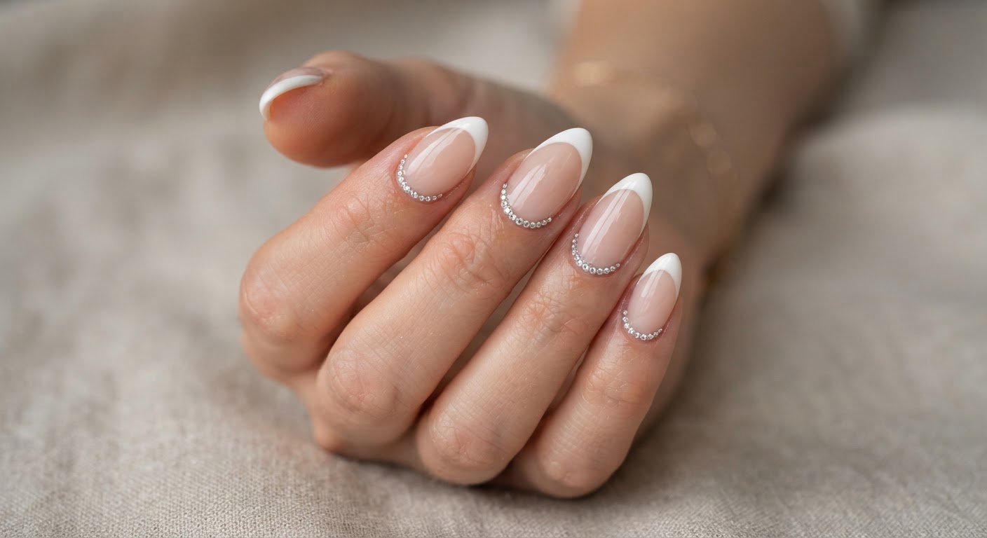 French tip with tiny rhinestones studded along the white smile line