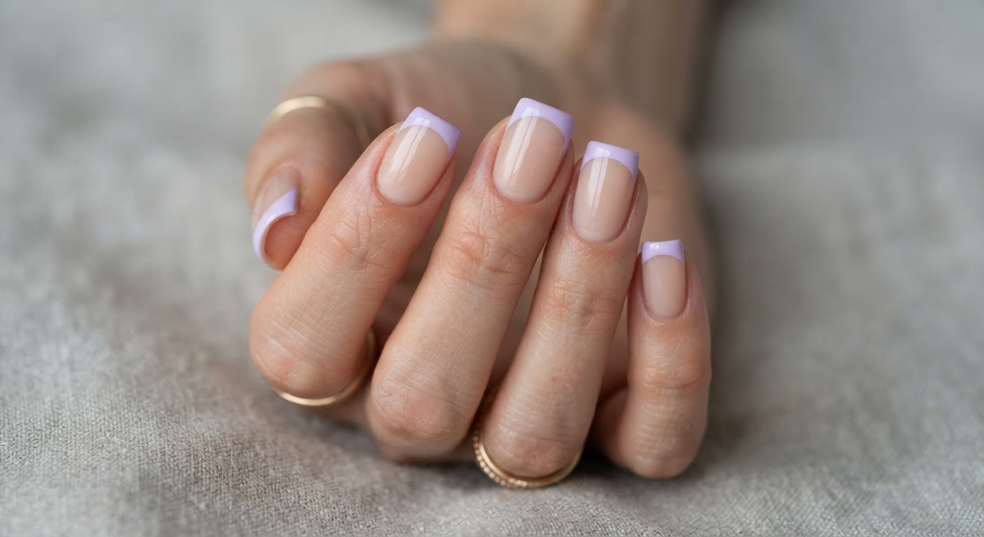 Pastel lavender French tips on a sheer nude base