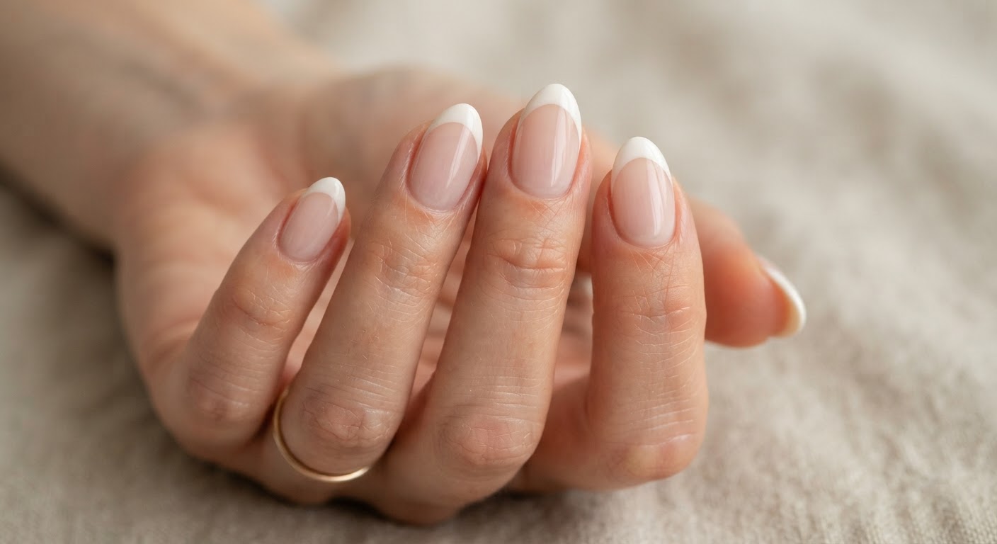 Milky white French tips on a clean short almond manicure