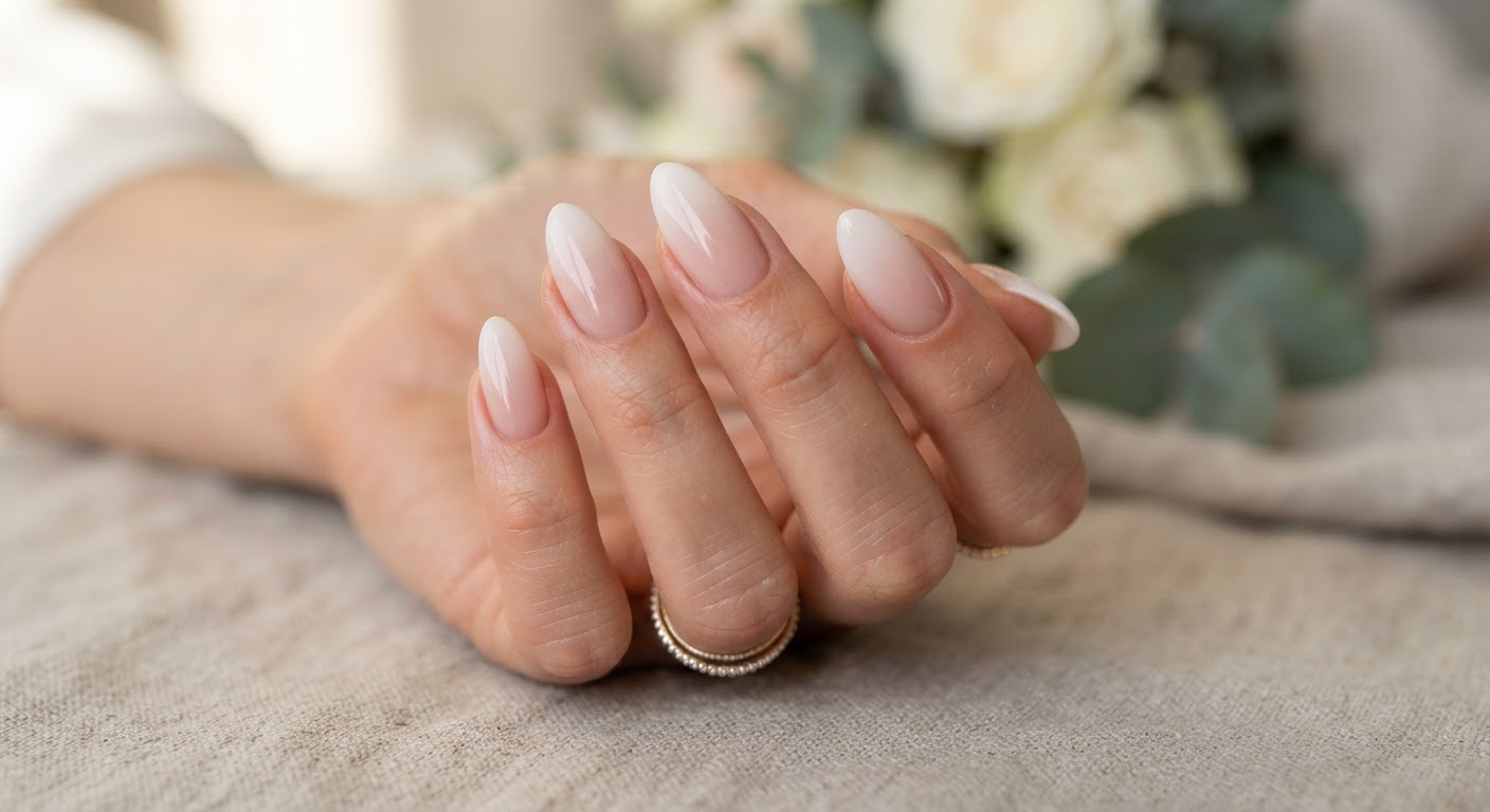 Gradient French tip from pink to white soft ombre on almond nails