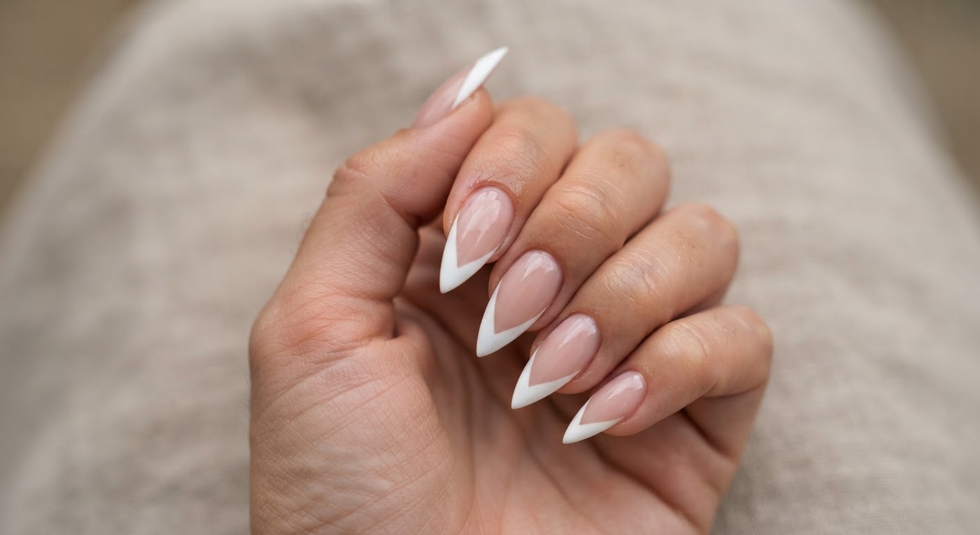 V-cut French tips with pointed white tips on stiletto nails