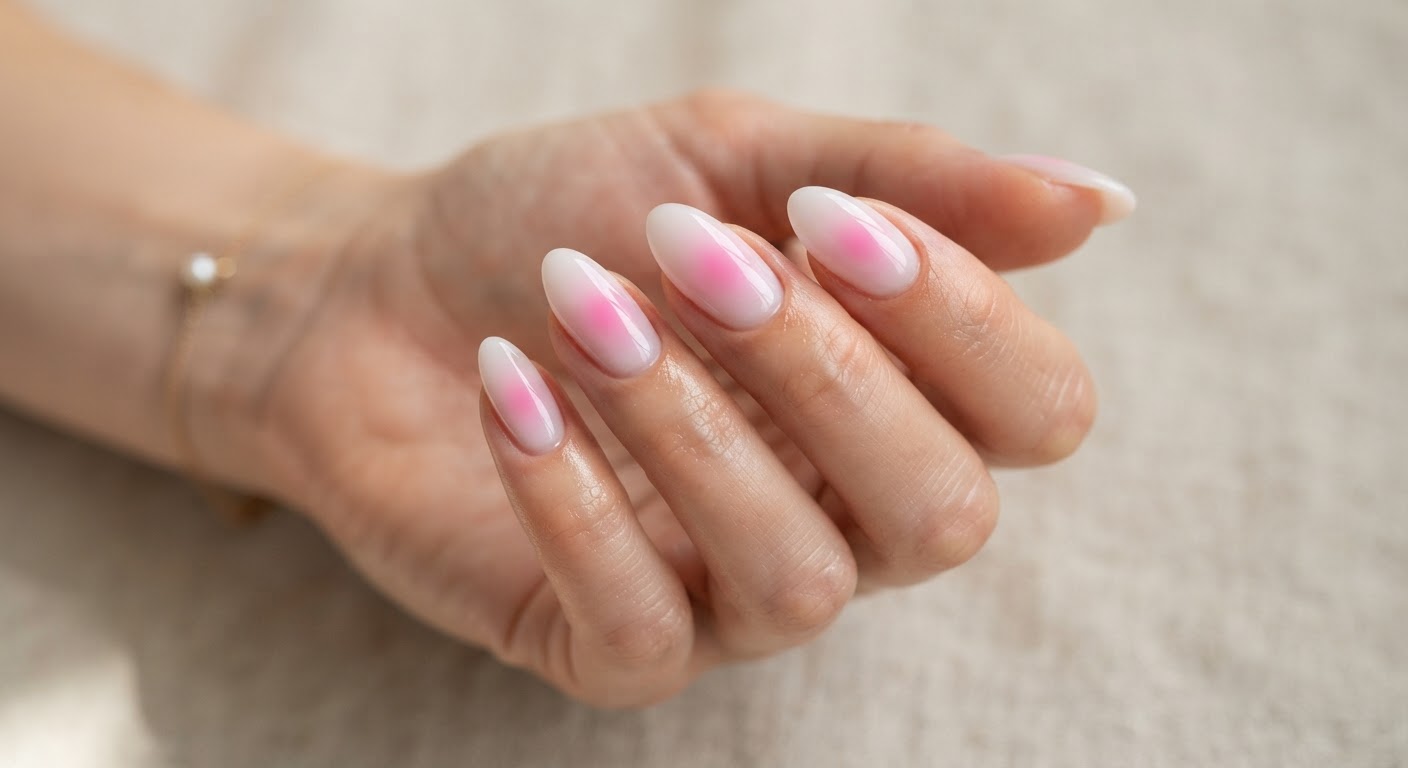 Pastel pink aura gel nails with a soft gradient glow radiating from the center of each nail over a sheer white base