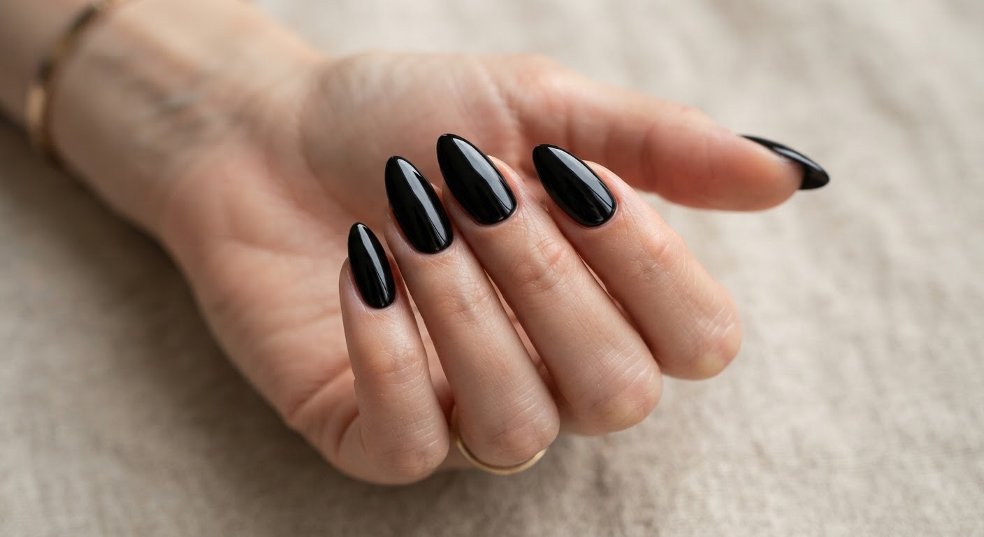 Glossy jet black gel manicure in an almond shape with a high-shine mirror finish