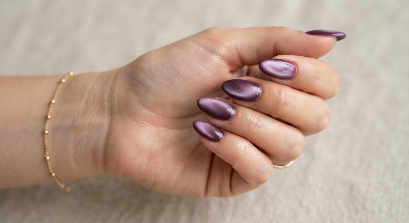 Deep plum velvet cat eye magnetic gel nails with a soft diffused velvet shimmer in an almond shape