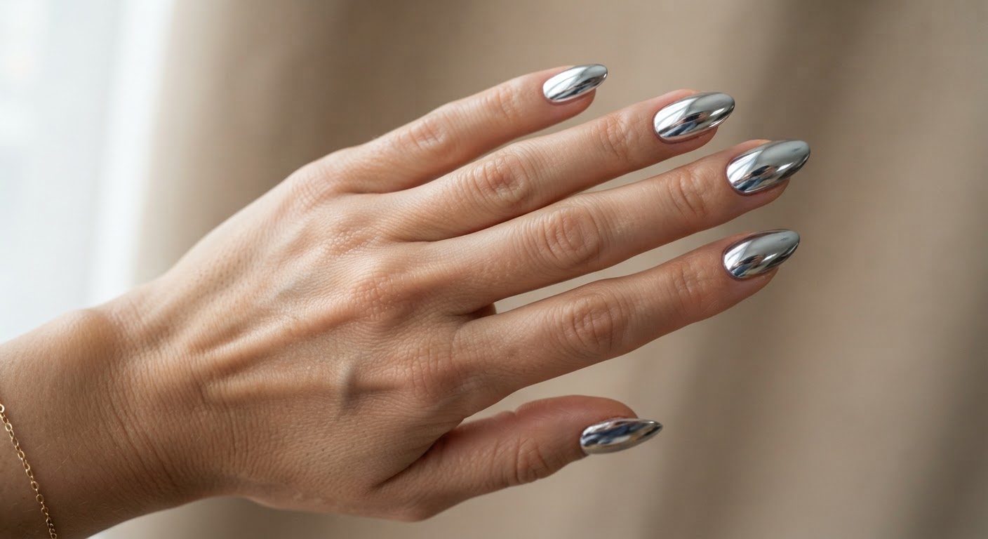 Silver chrome mirror-finish gel nails in an almond shape