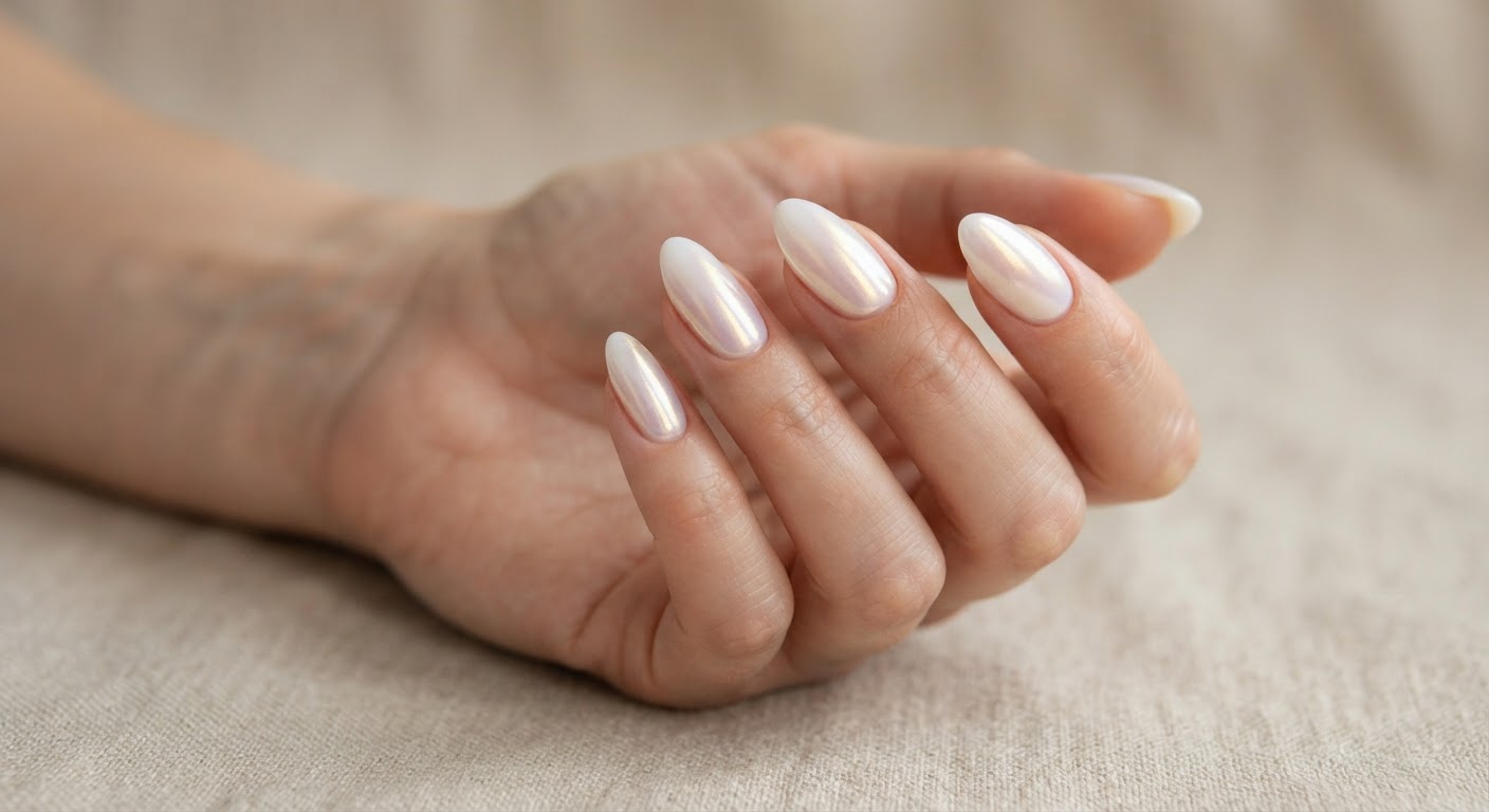 Glazed donut gel nails with a sheer milky base and a pearly iridescent chrome sheen in an almond shape