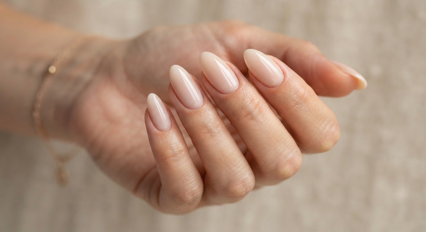 Glossy sheer milky nude gel nails in an almond shape with a clean girl finish