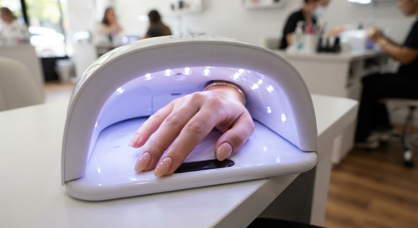A female hand with glossy nude gel nails curing inside a professional UV LED nail lamp