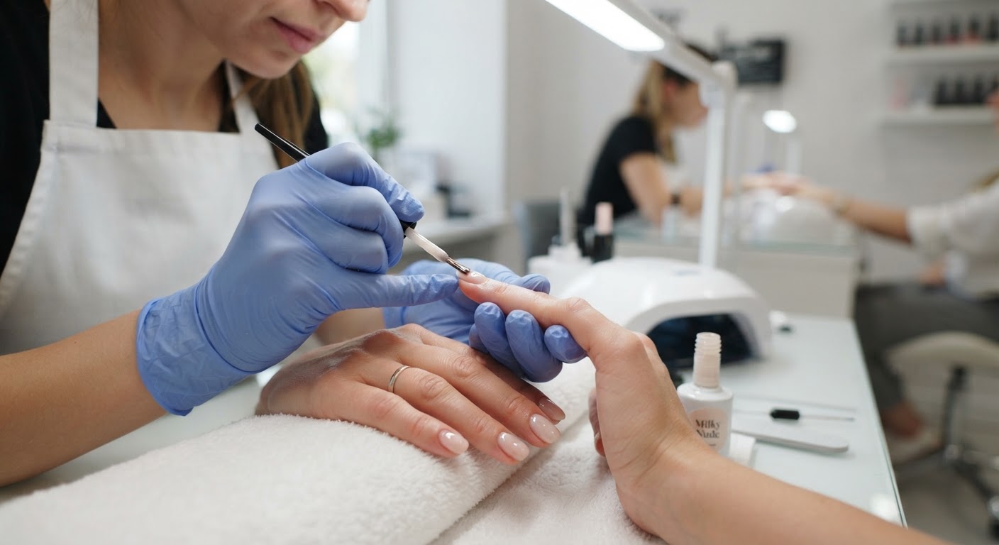 A nail technician applying a smooth coat of milky nude gel polish to a client's nail with a gel polish brush