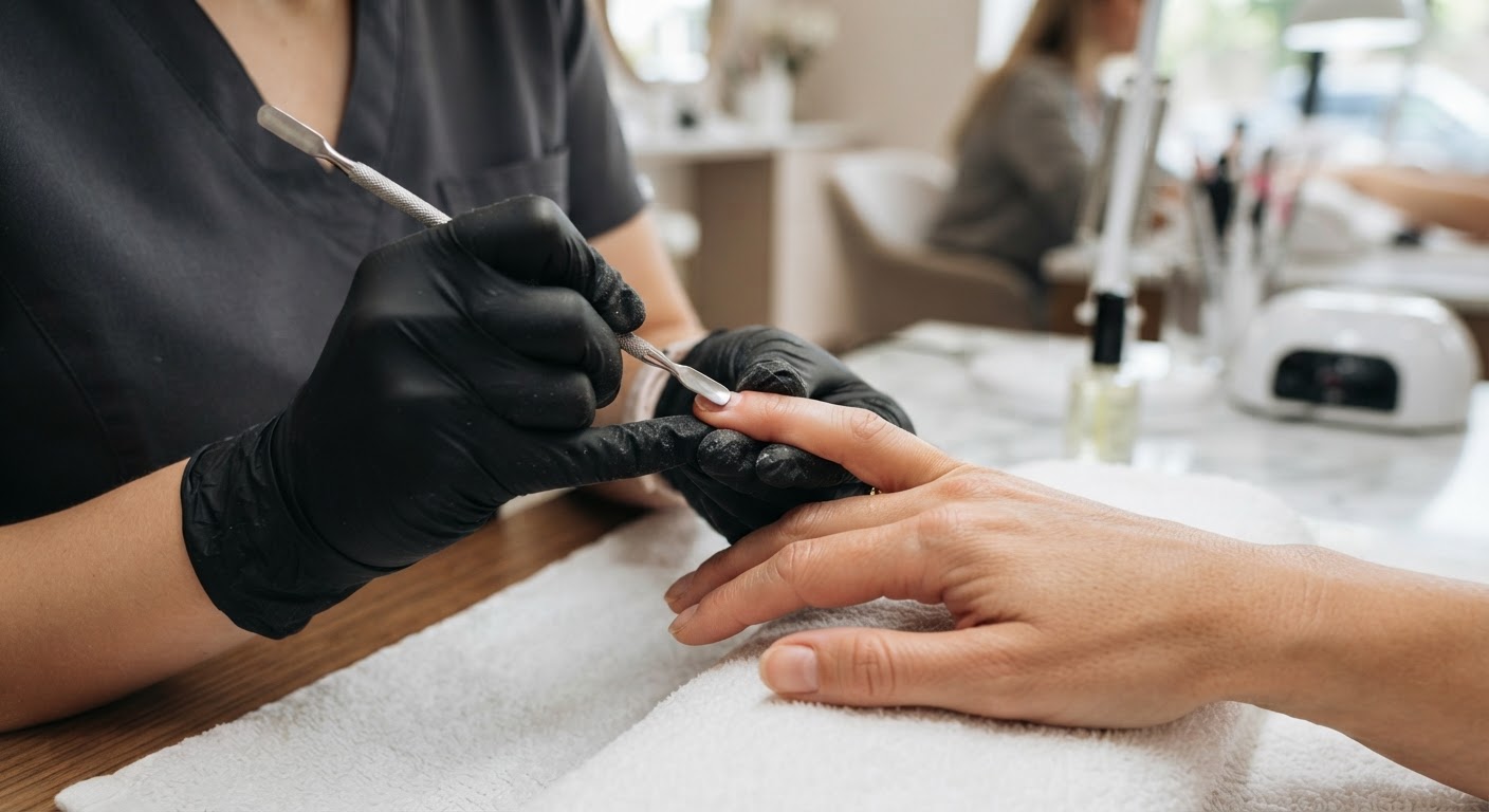 A nail technician pushing back a cuticle with a metal cuticle pusher on a bare natural nail before a gel manicure