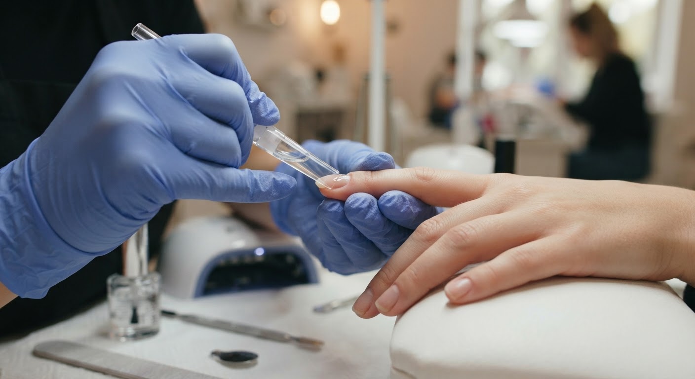A nail technician pressing a clear soft gel tip onto a natural nail with a layer of bonding gel
