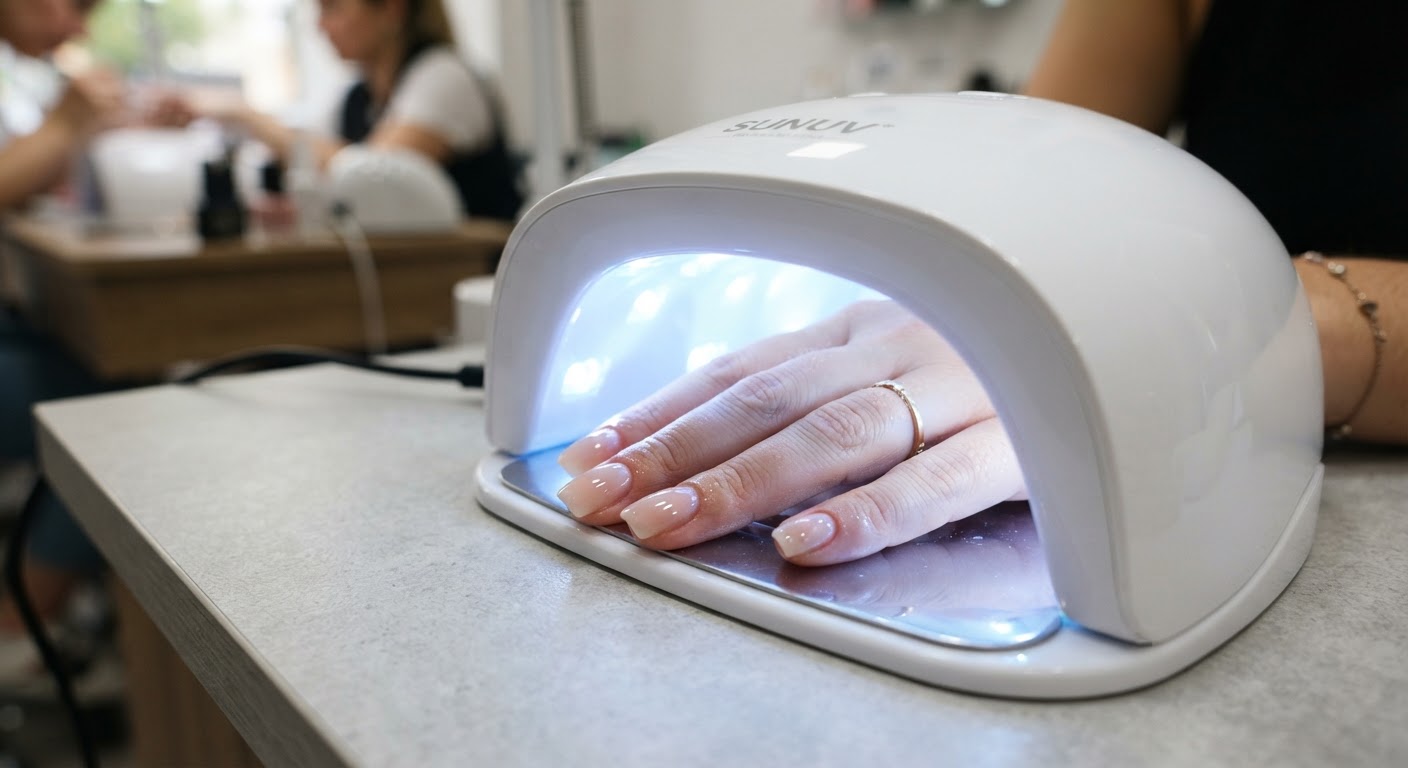 A hand curing soft gel nail extensions inside a professional UV LED nail lamp