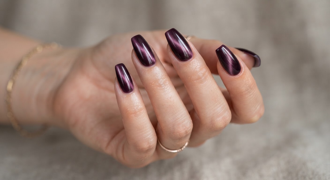Dark plum velvet cat-eye magnetic gel soft gel extensions with a beam of light across each nail