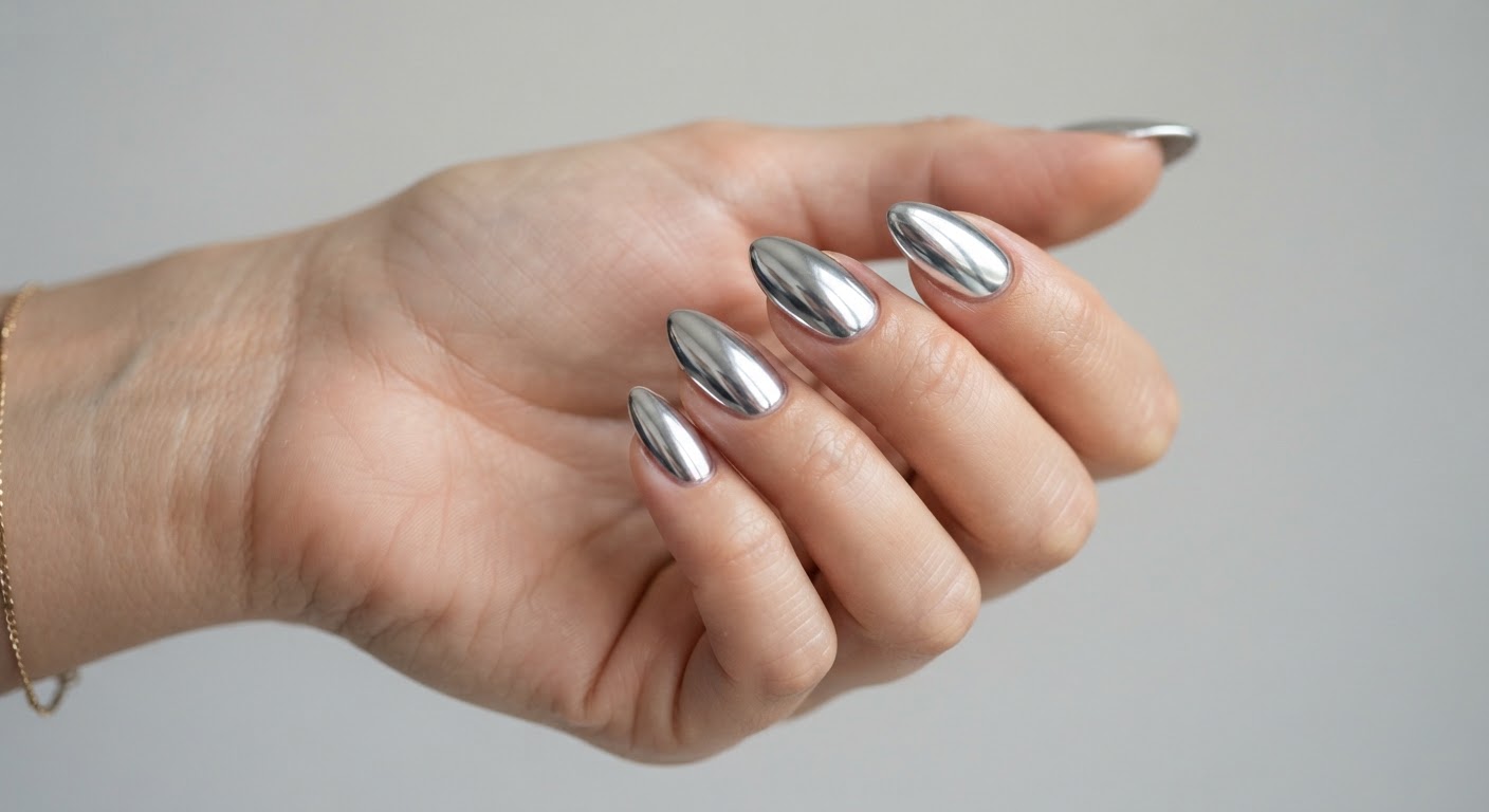Silver chrome mirror-finish soft gel nail extensions in an almond shape