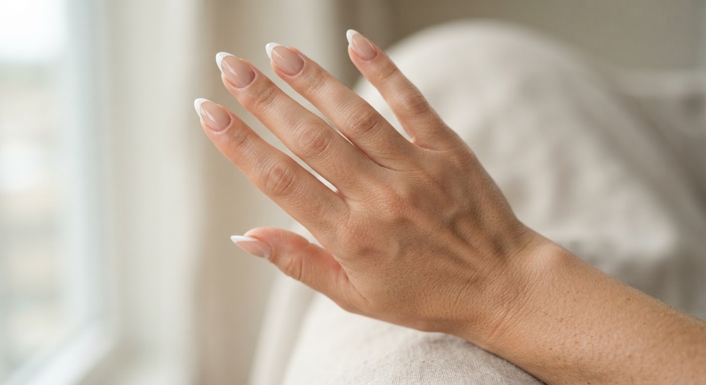 Classic French tip soft gel nail extensions with a thin white smile line over a sheer nude base