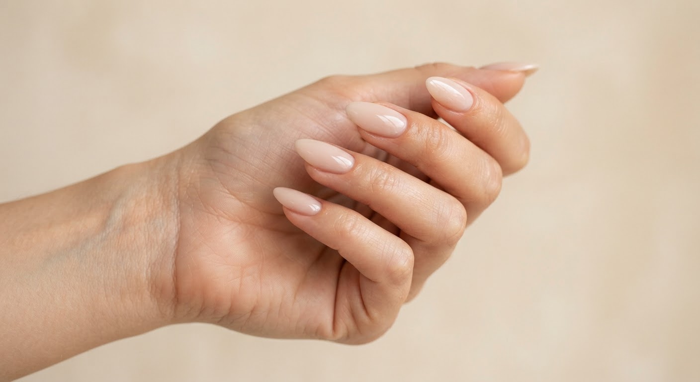 Glossy milky nude almond soft gel nail extensions on a female hand