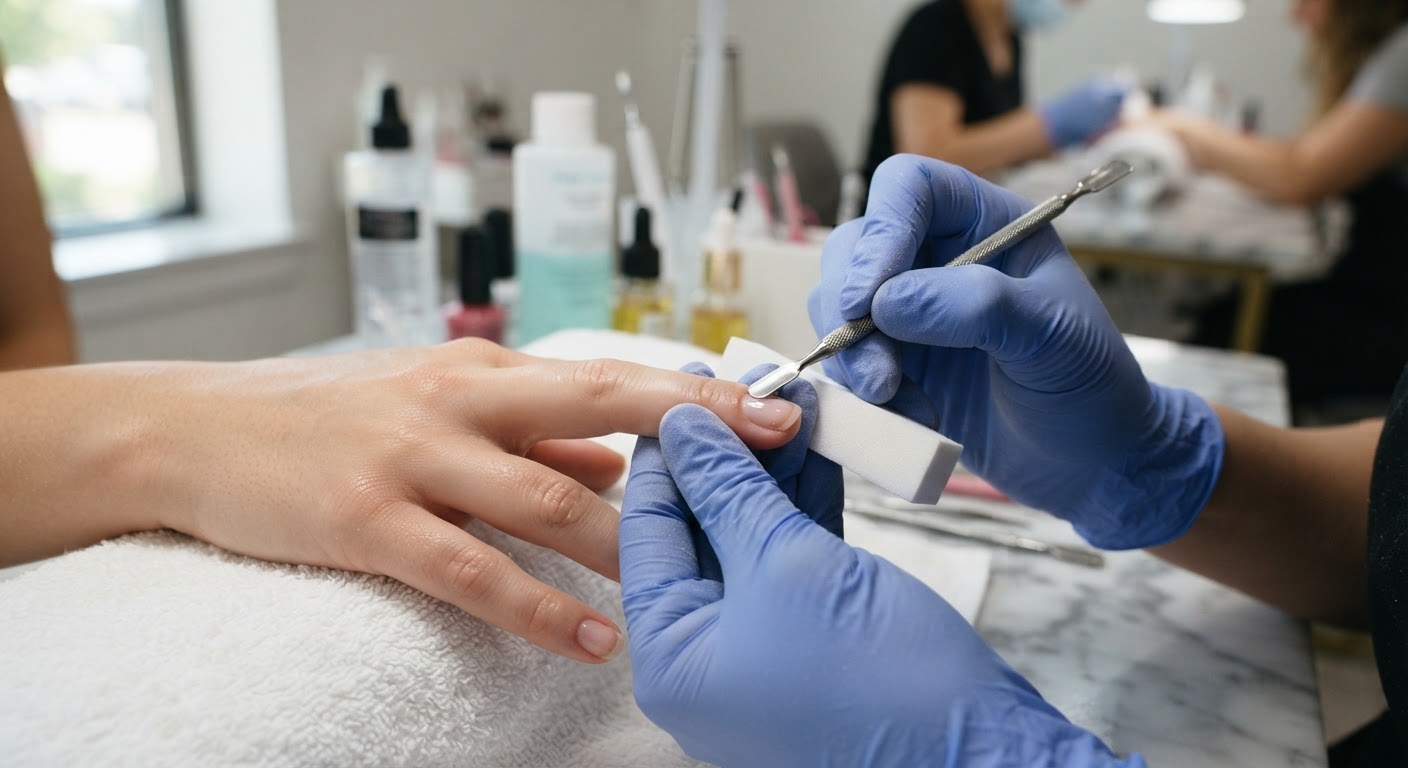 A nail technician pushing back a cuticle and buffing a bare natural nail before gel x application
