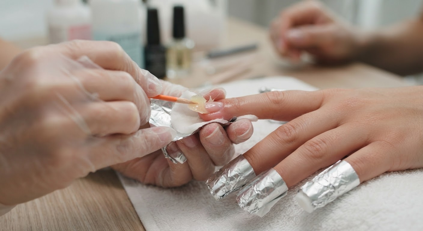 Gel x removal with fingertips wrapped in foil over acetone-soaked cotton pads