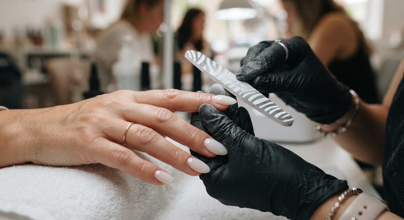 A nail technician filing the free edge of a glossy milky almond soft gel extension