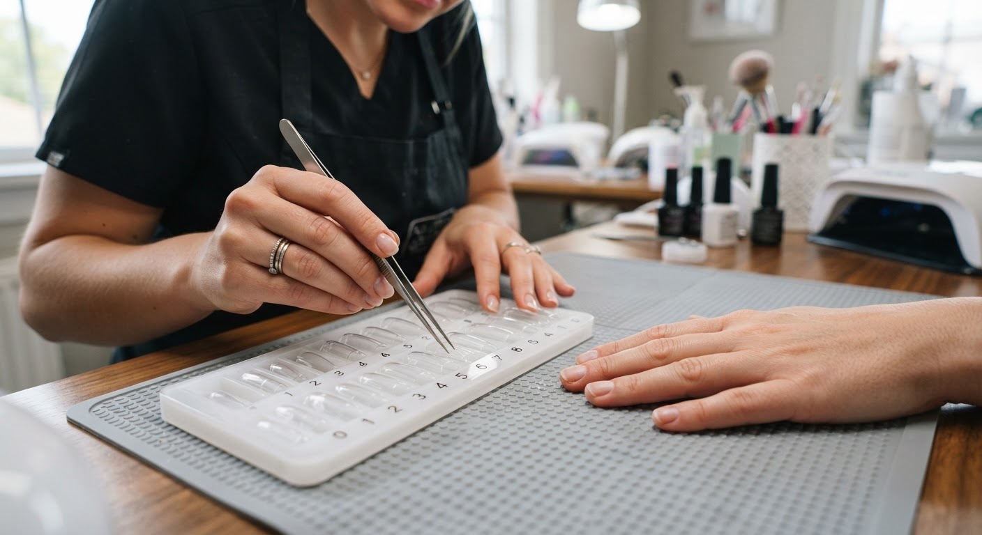 A nail technician sorting transparent soft gel full cover tips by size beside a bare hand