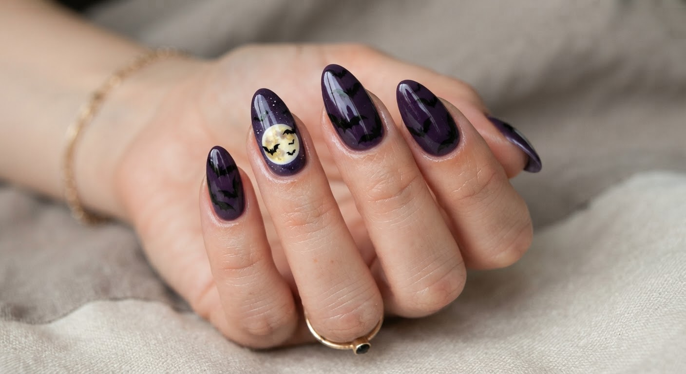 Deep purple nails with black bat silhouettes and a full moon accent nail
