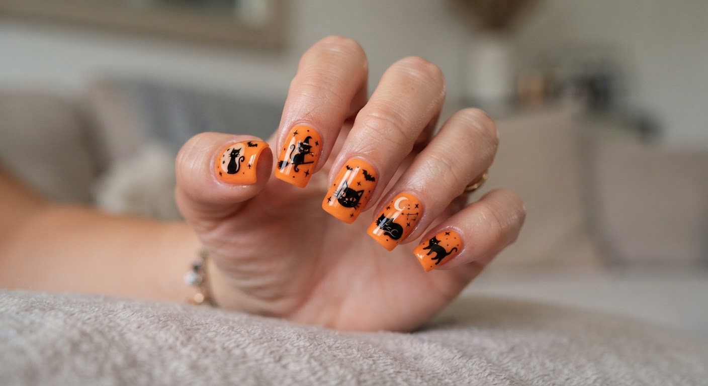 Orange nails with black cat silhouettes and tiny stars