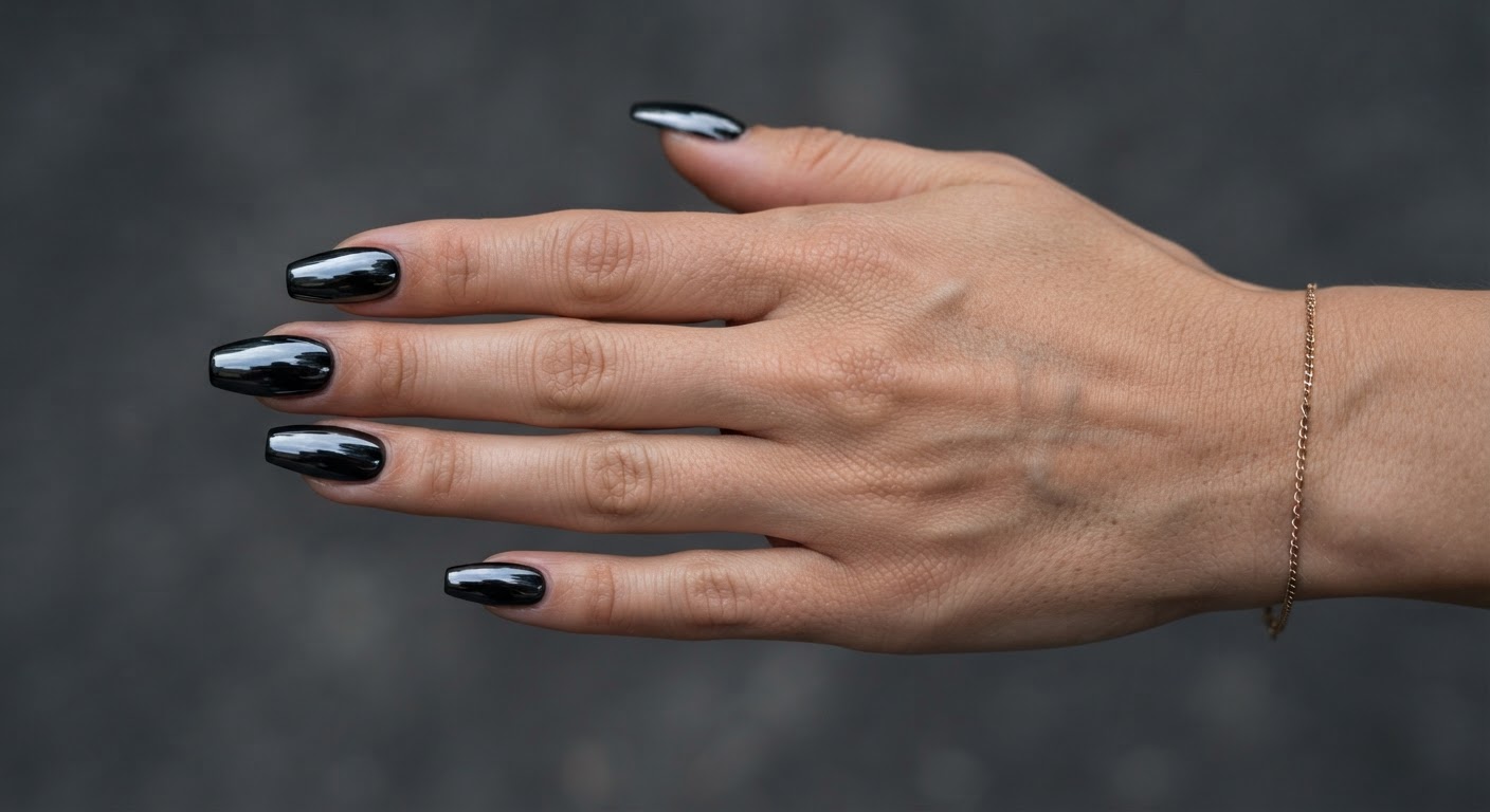 Glossy black chrome mirror finish on coffin nails