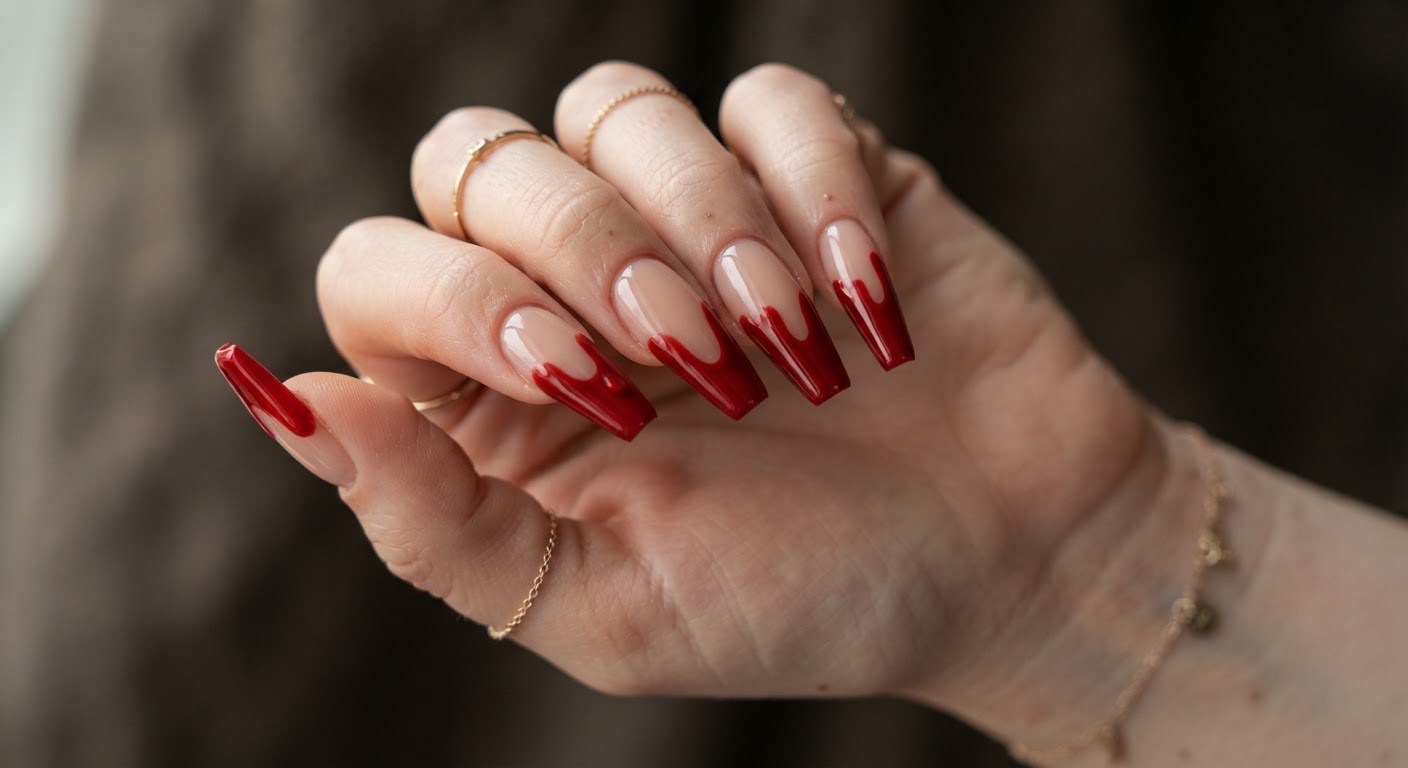 Glossy blood-red drip tips over a nude base on coffin nails