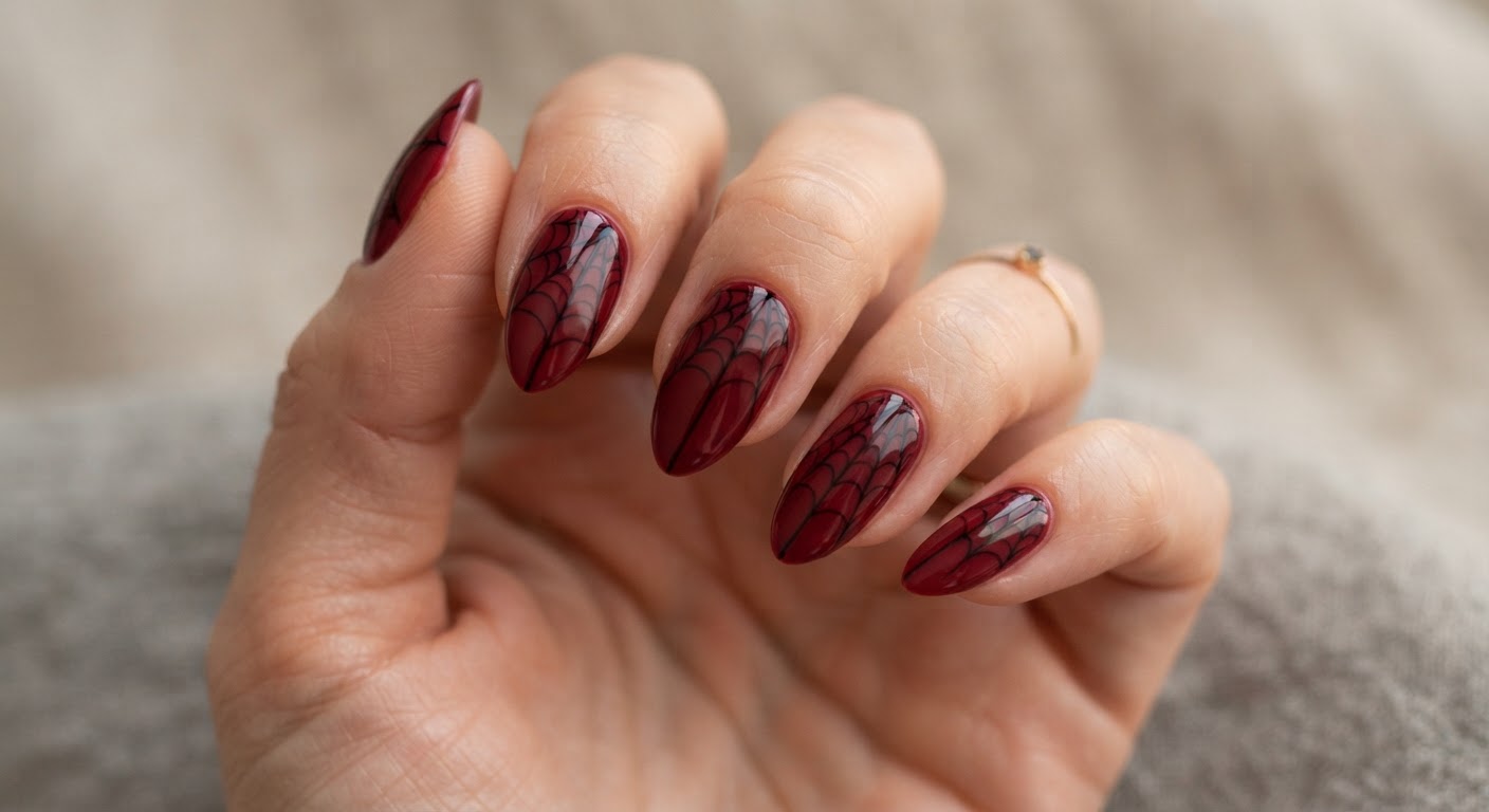 Burgundy red nails with thin black spider web line art accents