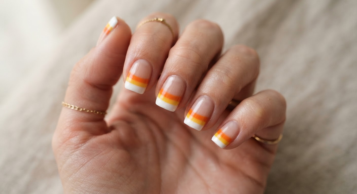 Short square nails with candy corn striped tips in yellow, orange and white