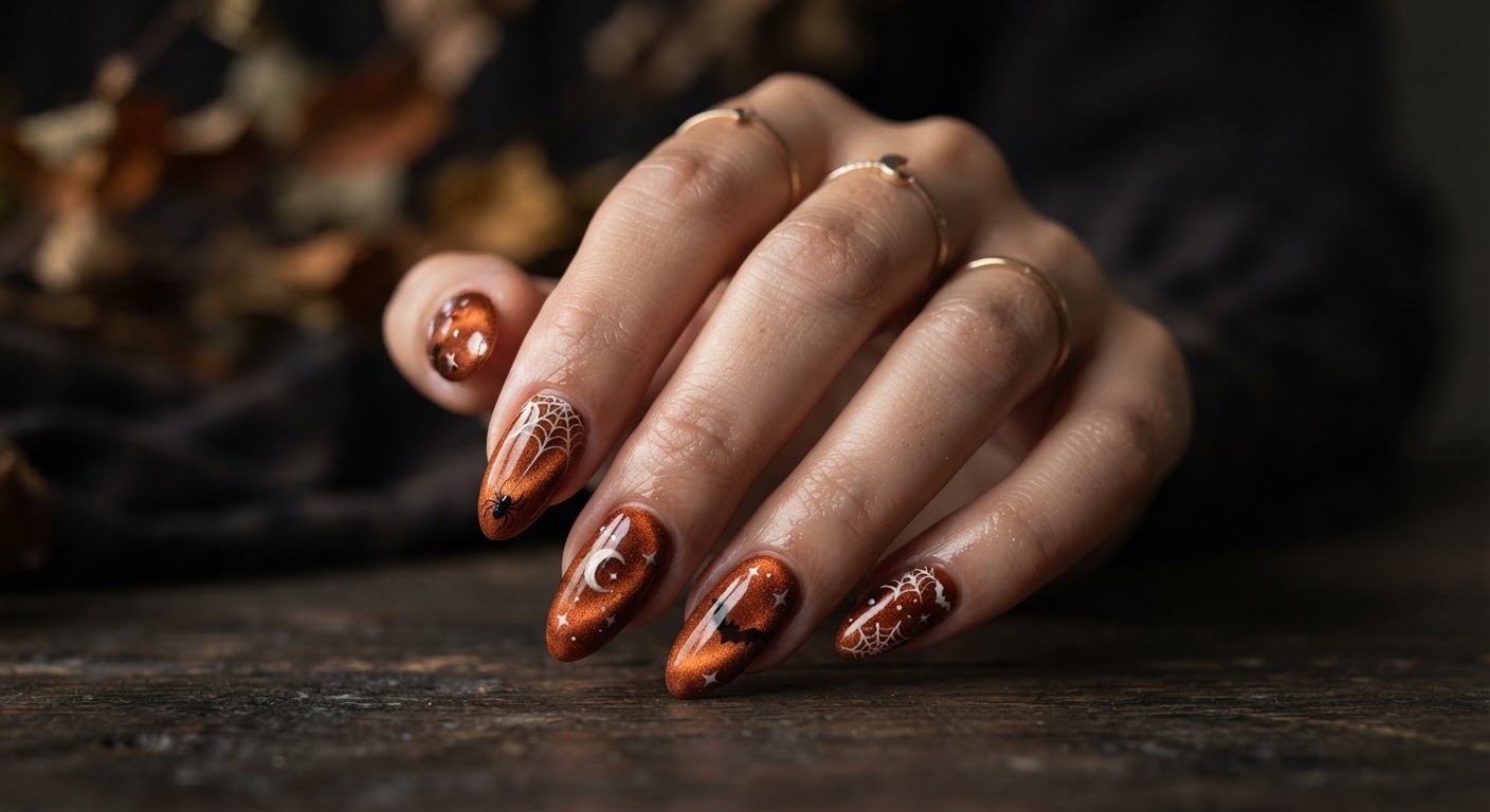 Burnt orange velvet cat-eye magnetic finish on almond nails