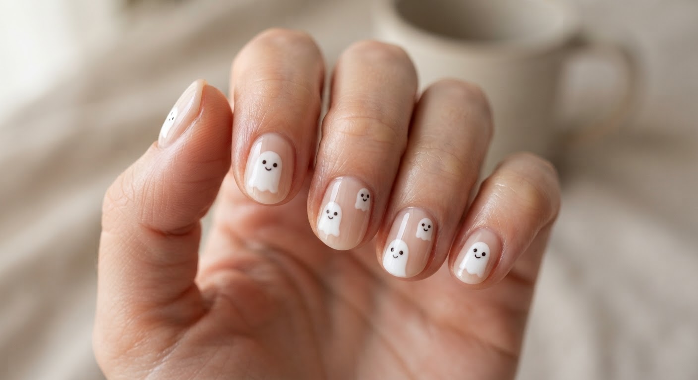 Pale nude nails with cute white ghost faces and tiny smiles