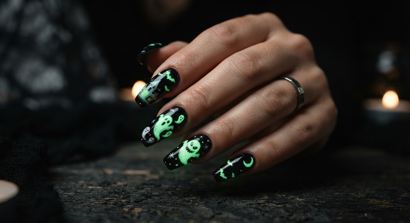 Black coffin nails with glowing green ghost accents